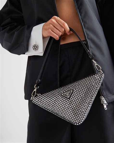 prada triangle satin mini-bag with crystals|platinum satin mini bag.